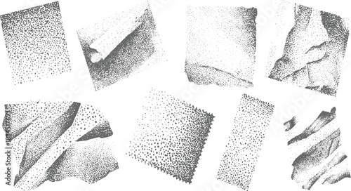 Eight abstract monochrome stippled paper fragments showcasing diverse textures and torn edges creating a sense of organic form and shadow play