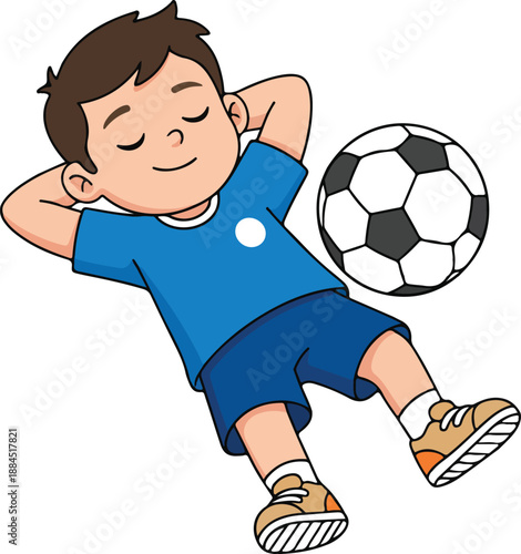 A cheerful young boy taking a relaxing break after an enjoyable soccer game