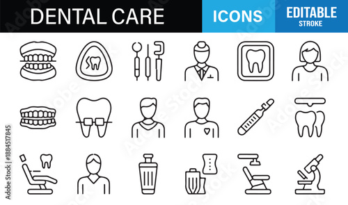 Dentistry and oral hygiene symbol pack with editable strokes