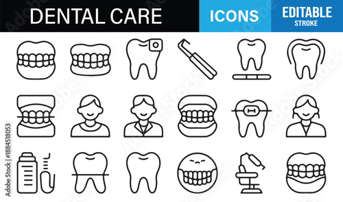 Dental care outline icon set with teeth and dentistry symbols