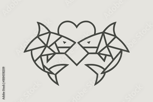 Two geometric fish forming a heart shape in minimalist black line art style