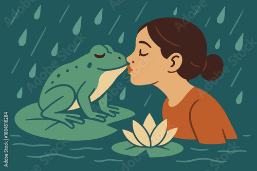 Girl kissing a frog on a lily pad in whimsical style during a rainstorm