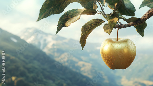 gold apple fruit hanging on the tree, plant, tree