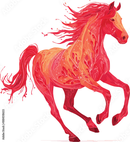 Create a Bright red fire horse galloping with flying mane. Free stallion in a dynamic pose, elegant mare in motion on flat vector illustration on white background