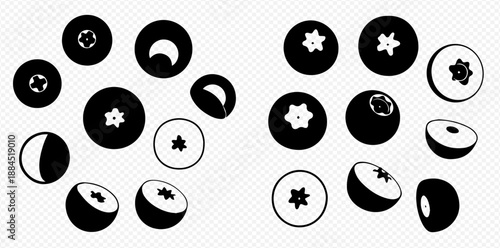 Blueberry fruit vector icons set, whole and cut berries in black and white silhouette, isolated on transparent background.