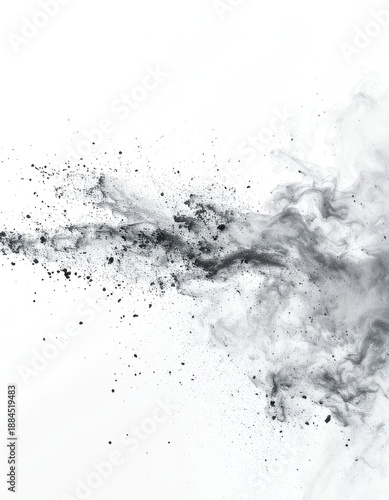 Dynamic black powder explosion captured against a stark white background.