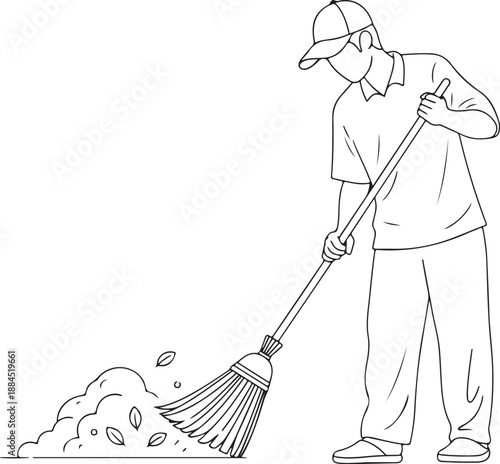 Man with a cap sweeping autumn leaves into a pile with a broom, illustrating cleaning work