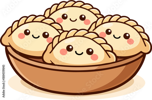 A kawaii-style illustration of multiple varenyk dumplings, each with a cute smiling face. Perfect for traditional Ukrainian cuisine and comfort food designs.