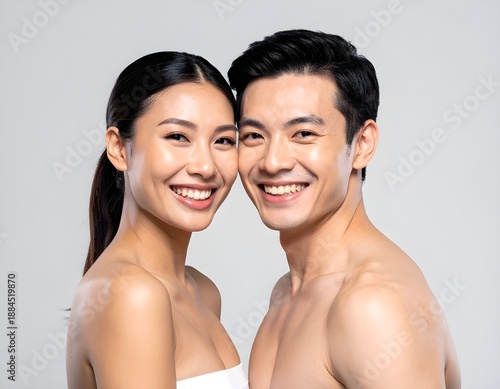 Portrait of beautiful young Asian couple with perfect glowing skin smiling in studio skincare and aesthetic beauty concept