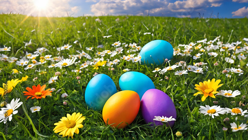 Easter decorated egg on spring meadow