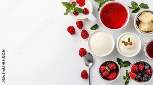 An aerial view showcases an arrangement of vibrant red fruits, jellies, and creamy white sauces led in white bowls against a pristine white backdrop, perfect for dessert.