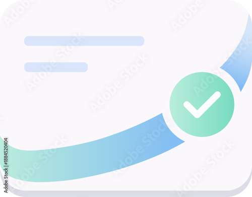 Flat confirmation interface icon showing approved status with checkmark badge and smooth progress ribbon for workflow validation success UI design