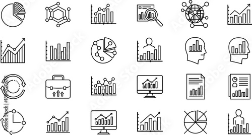Business analytics and data statistics outline icons vector set with charts graphs reports and financial analysis symbols