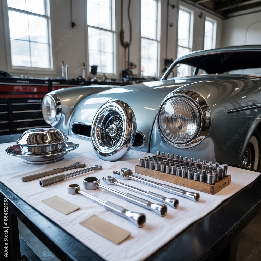 Obraz premium Restoration-focused workspace with metal tools, wooden holders, and a silver vehicle, framed by clean surfaces and visual order.