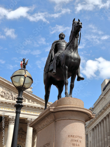 The equestrian statue of the Duke of Wellington, a sculpture of Arthur Wellesley, 1st Duke of Wellington, a British soldier and statesman, located at the Royal Exchange in London, UK
