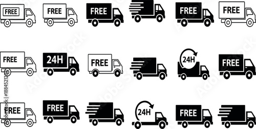 Collection of delivery truck icons with free and 24-hour shipping labels on a white background viewed from the side