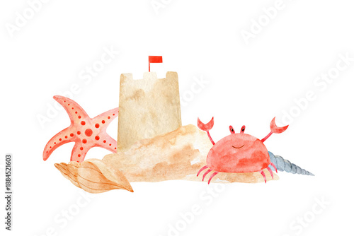 Composition with sand castle, crab and shells. Watercolor illustration hand drawn isolated on a white background. Template for cards, invitations and packaging design.