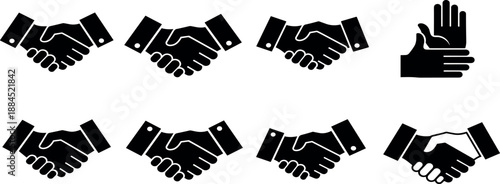 A set of handshake icons representing partnership and agreement in various styles and illustrations