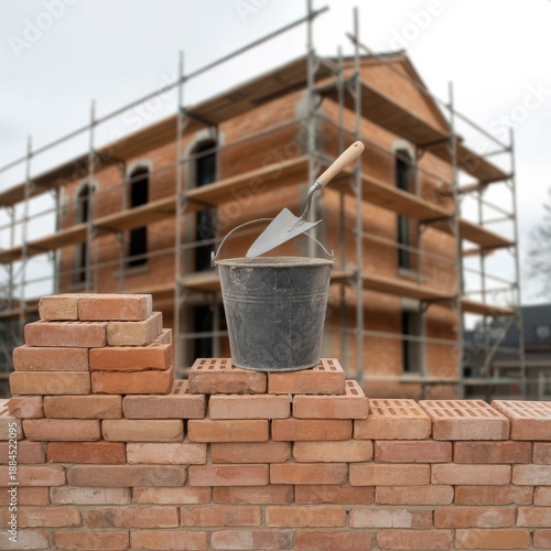 Stylized construction moment with bucket and trowel on fresh brickwork, framed by scaffolding, muted tones, and a partially completed brick facade.