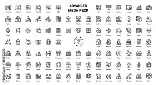 A collection of various business and technology icons in a flat, minimal design style.