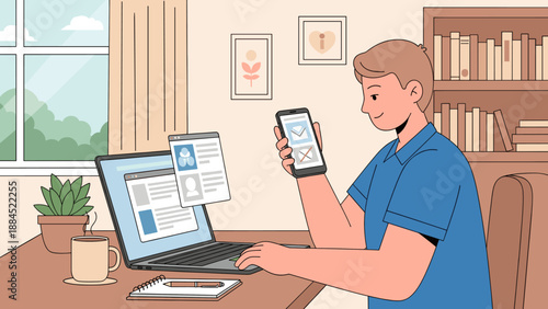 Young man working remotely from home, browsing social media on his laptop and phone, surrounded by home office essentials.