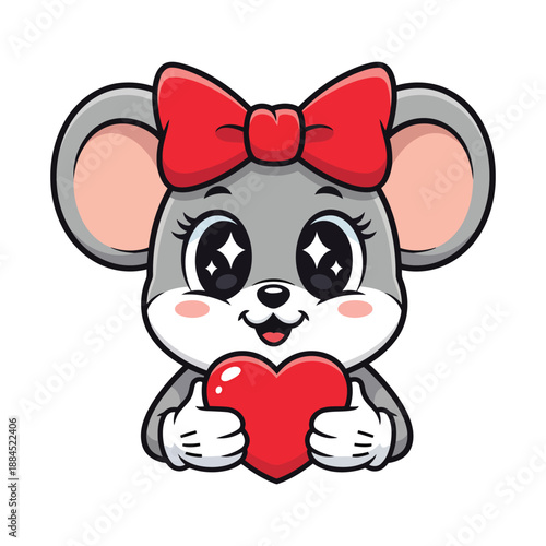 Cute Cartoon Mouse Holding a Red Heart with Thumbs Up Keywords: mouse, animal, cartoon, cute