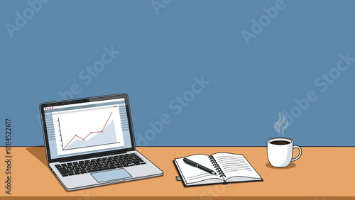 A laptop displaying a financial graph, an open notebook with a pen, and a steaming cup of coffee on a desk.