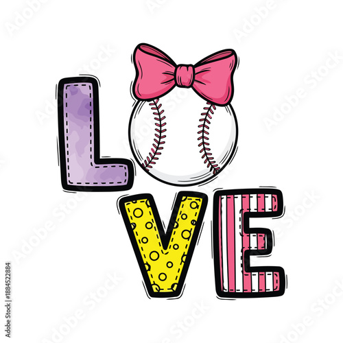 Pink Bow Baseball Love Text Design With White Background lettering word