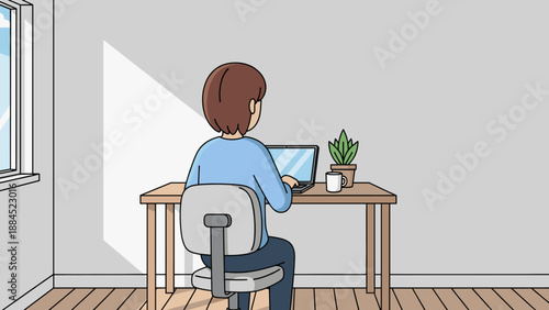 A person with brown hair sits at a wooden desk, working on a laptop computer in a bright room with a window and a plant.