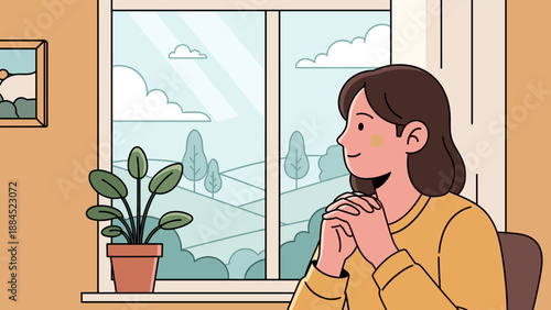 Cartoon illustration of a young woman looking out a window at a peaceful green landscape with hills and clouds.