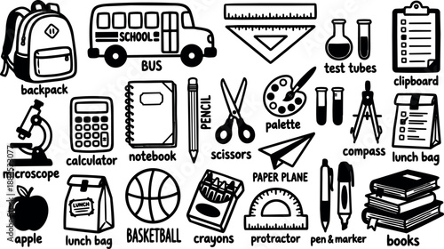 Whimsical kids doodle flat layout of school supplies with backpack school bus notebook pencil scissors books lunch bag paper plane basketball