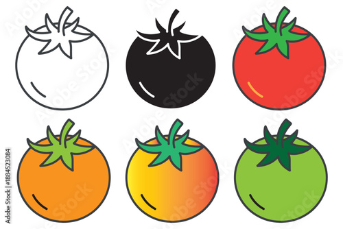 Vibrant tomato icon collection illustrating different colors and artistic styles