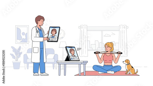 A fitness coach guides a woman through a workout routine at home, lifting dumbbells, with a dog nearby, in a living room setting, viewed from the side.