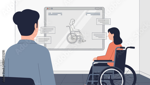 A man and a woman in a wheelchair are engaged in a discussion in front of a large screen displaying an illustration of a person in a wheelchair.