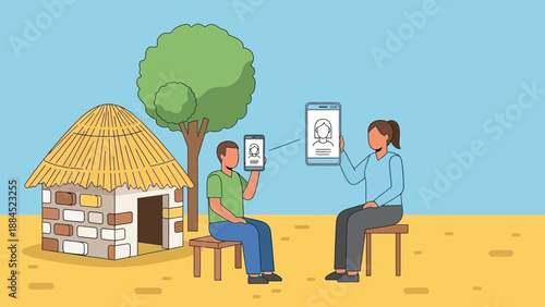 A rural scene depicting two individuals seated on stools interacting with digital devices in a village setting near a traditional hut and tree