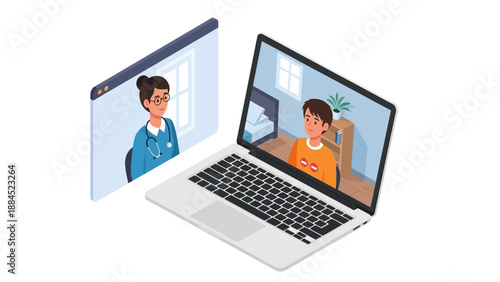 People communicating remotely through laptops and digital screens in a modern technology setting from an isometric viewpoint illustrating online interaction and virtual meetings.