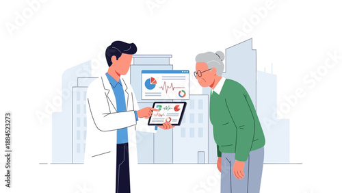 Doctor in white coat explaining medical chart to senior patient in green sweater standing outdoors near modern buildings from a slight distance viewpoint