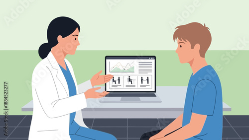 A female doctor in a white coat explaining medical results to a young male patient on a laptop in a clinical setting from a side viewpoint.