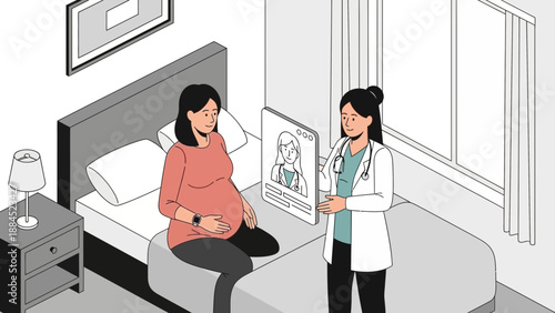 A doctor in a white coat stands beside a hospital bed where a pregnant woman sits talking on the phone in a modern hospital room with a bedside table nearby illustrations
