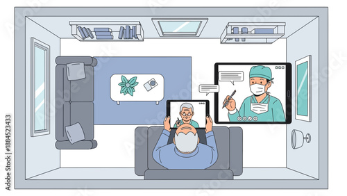 A patient lies on a hospital bed undergoing a medical procedure while a doctor explains the details on a screen in a modern, well-equipped hospital room viewed from above.