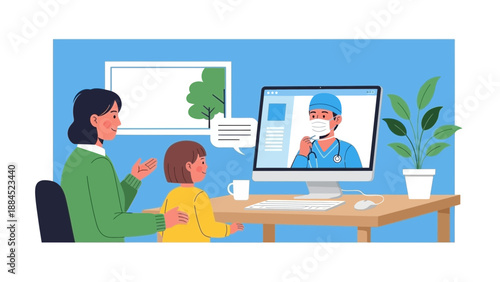 A mother and child sitting at a desk with a computer displaying a medical professional in a video call, in a home office setting, from a slightly angled viewpoint.