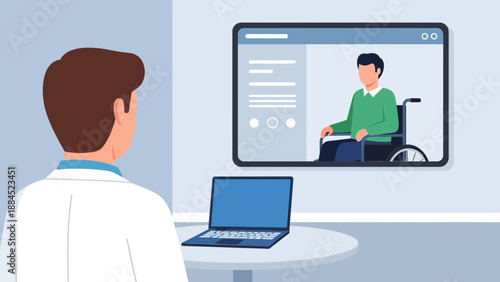 Healthcare professional viewing digital representation of patient in wheelchair on large screen during virtual consultation session