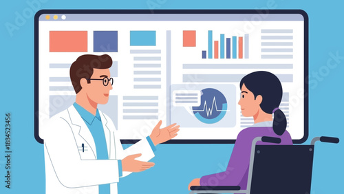 A doctor in a white coat explains medical data on a large screen to a seated patient in a clinical setting from a standing viewpoint.
