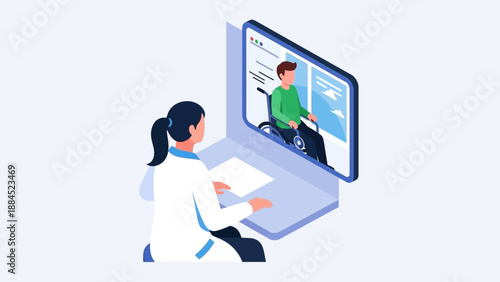 A woman in a white lab coat sitting with her back to a large computer screen displaying a man in conversation, in an office setting.