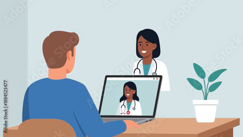 A man sits at a desk with a laptop displaying a female doctor during a virtual consultation in a calm office environment viewed from behind