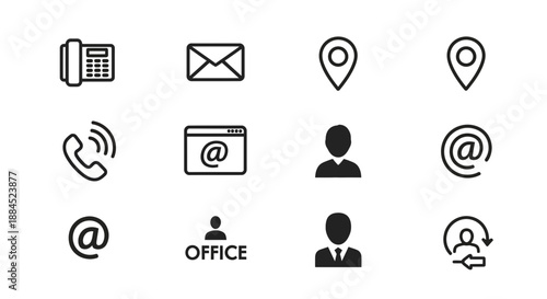 Contact Information Icons Set: Phone, Email, Location, User, Office, @ Symbol