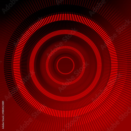 abstract line concentric ring patterns from numerous concentric circles, composed of closely packed vertical dashes on gradient red and black backkground, banner, template, decor, fashion, copy space