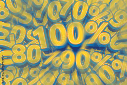  top view blur speed laser colorful percentage numbers layered on top of one another., visual style is cartoonish, promotional sales advertisements background