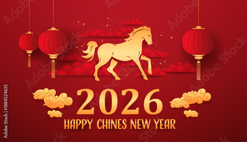 Horse Chinese New Year 2026 red lanterns golden clouds festive background traditional Asian art
