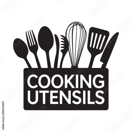 A collection of black cooking utensils including spoons forks and whisks with the word cooking